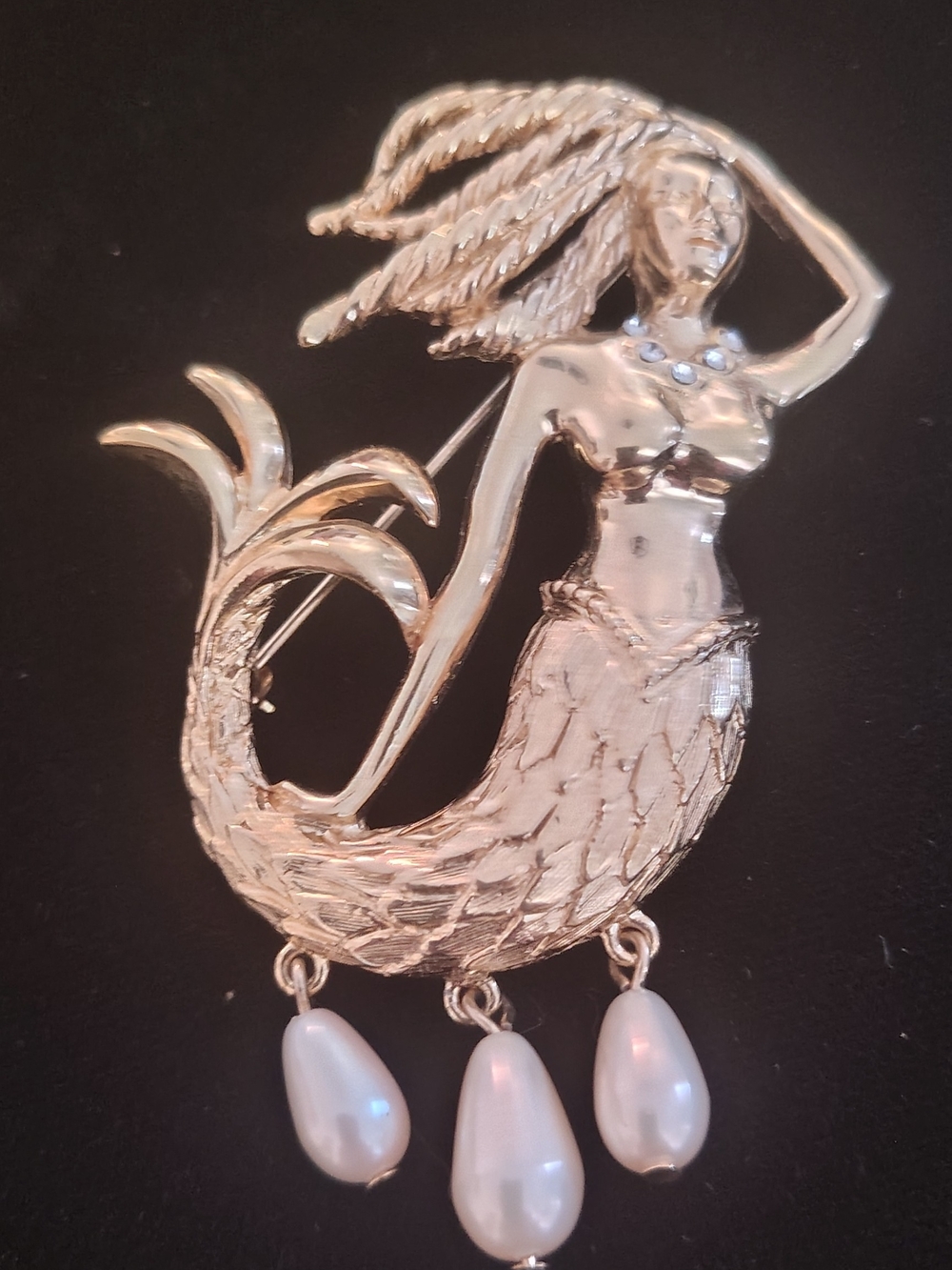 Trifari Under The Sea Gold-Tone Mermaid Brooch with Pearl Drops